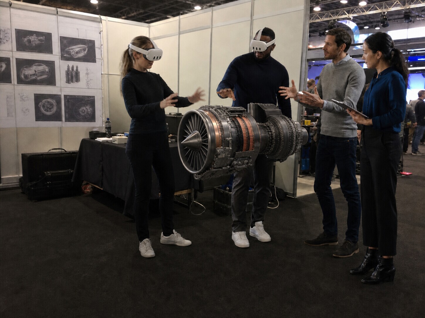 Trade fair workshop with two participants wearing Meta Quest 3 headsets around a solid augmented-reality turbine model