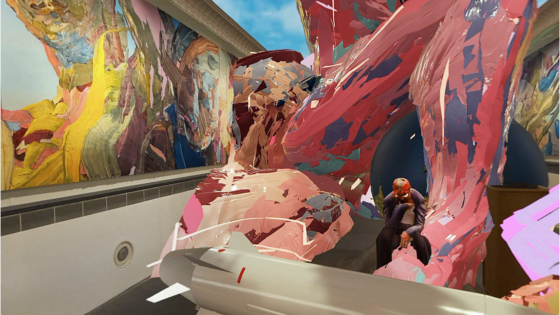 A giant deity erupts from the painted frieze; a visitor sits below for scale.