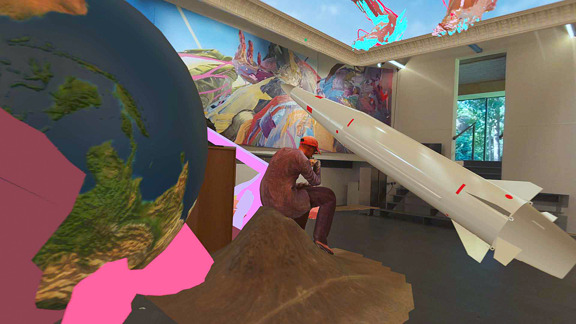 Through Apple Vision Pro: Atlas and a globe stand in the real exhibition room.