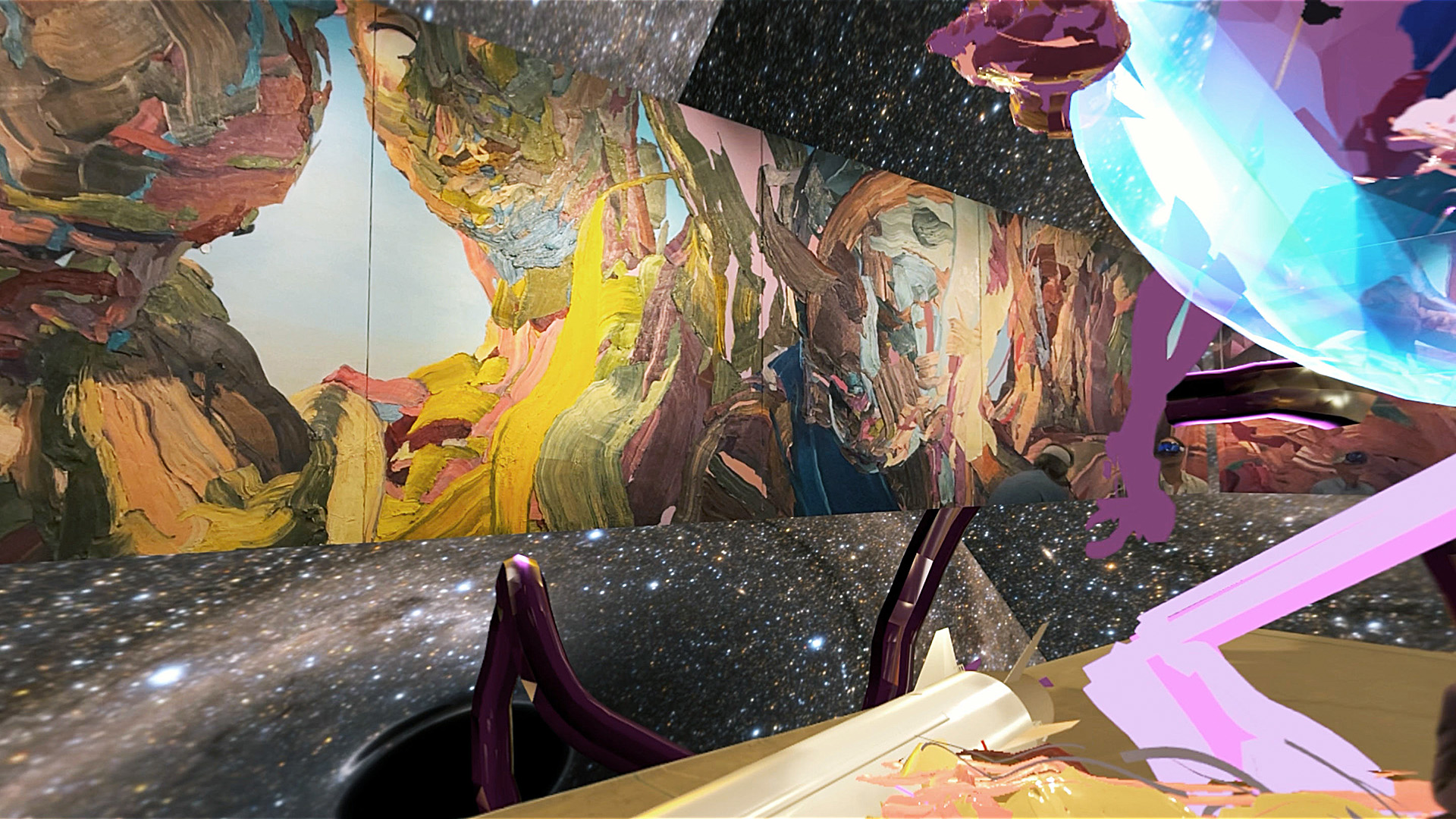 The exhibition room turns cosmic — starfield and floating forms.